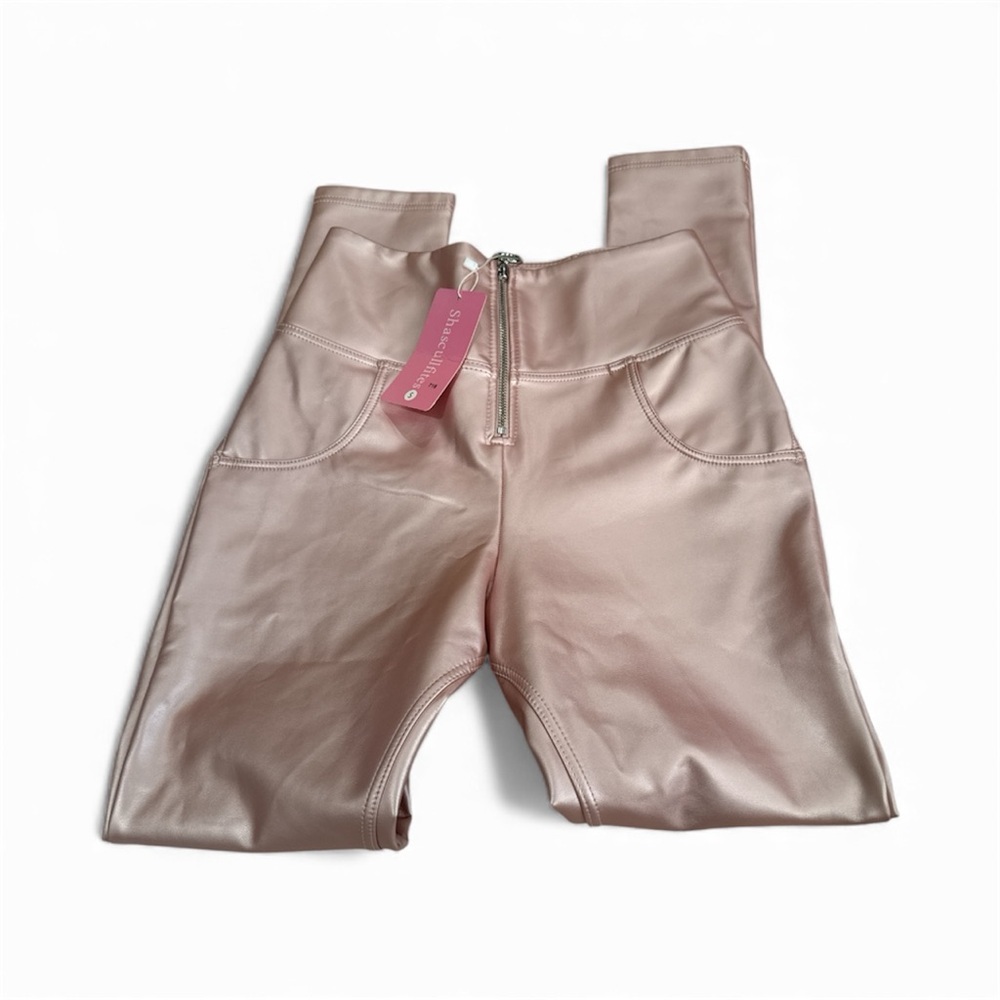 Metallic Faux leather High-Waisted Soft  Pink Women Leggings - Picture 3 of 5
